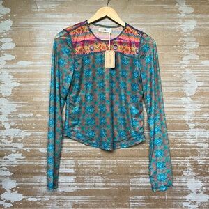 Natural Life NWT Sloane Mesh Long Sleeve Top Boho Floral Artsy Womens L
